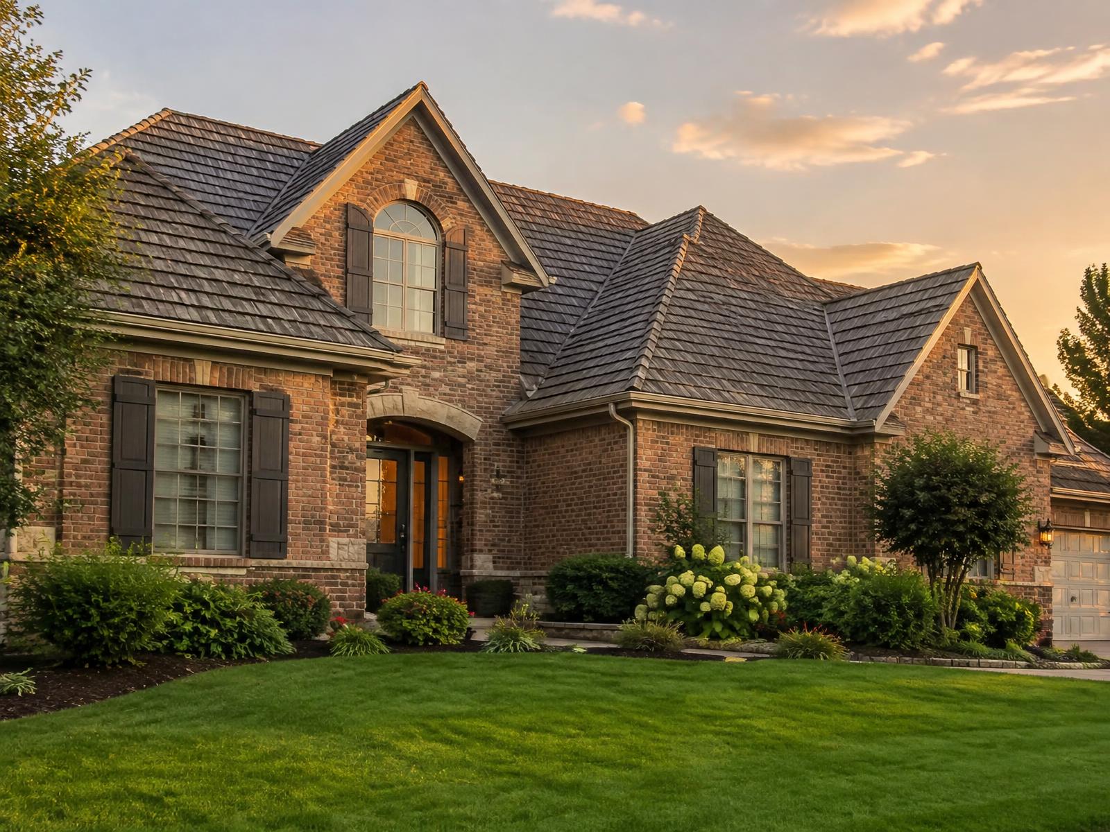 Home with a newly installed architectural shingle roof and tidy landscaping