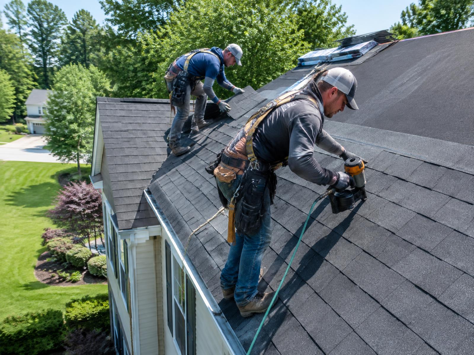 Roofing crew installing new architectural shingles on a two-story home