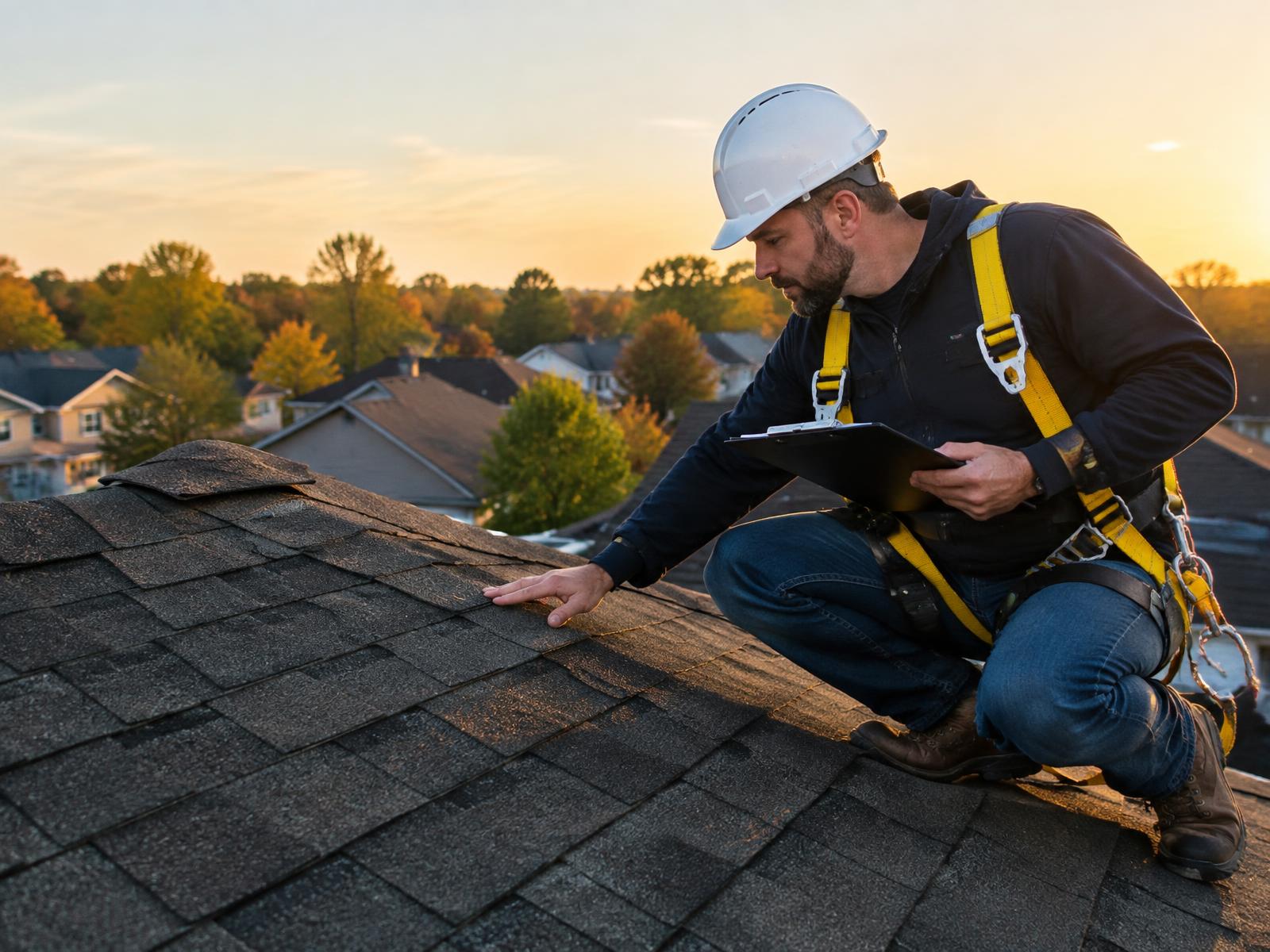 Roofing contractor inspecting asphalt shingles near the ridge of a roof